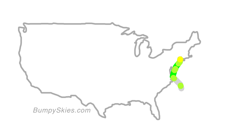 Map of continental US with illustrated flight path and turbulence forecast (described in text below)