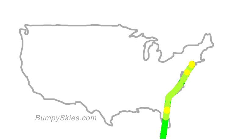 Map of continental US with illustrated flight path and turbulence forecast (described in text below)