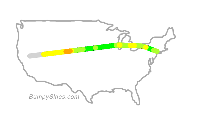 Map of continental US with illustrated flight path and turbulence forecast (described in text below)