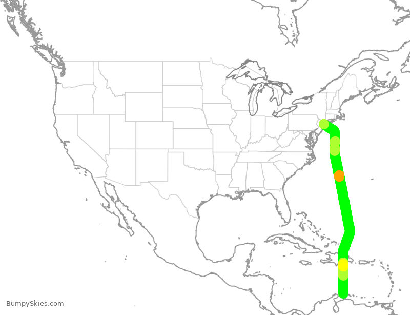 Turbulence forecast map for JBU8157, JFK to AUA