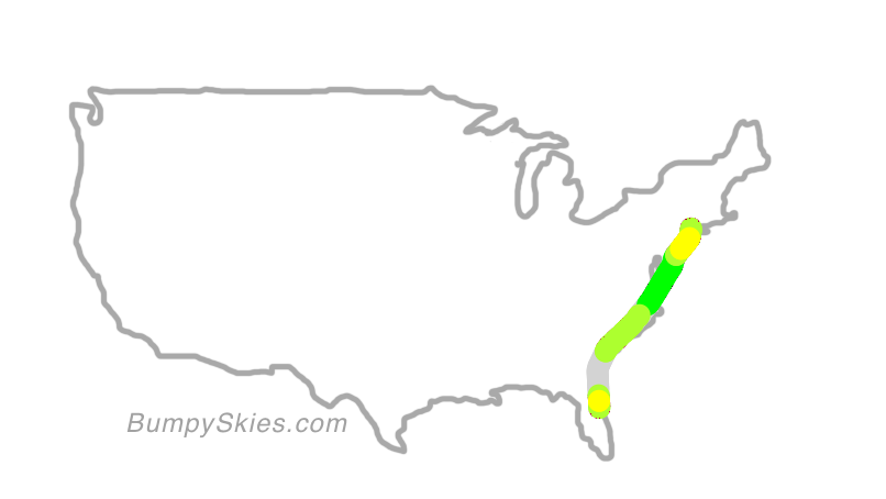 Map of continental US with illustrated flight path and turbulence forecast (described in text below)