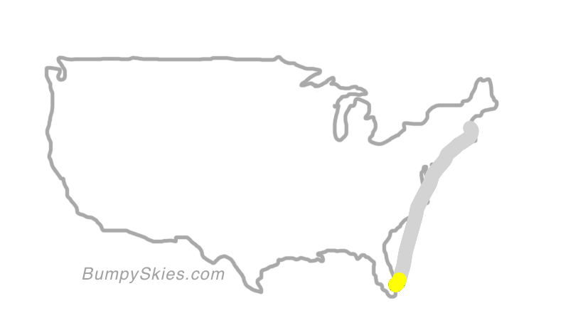Map of continental US with illustrated flight path and turbulence forecast (described in text below)