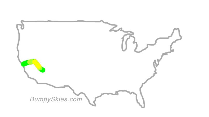 Map of continental US with illustrated flight path and turbulence forecast (described in text below)