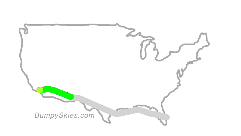 Map of continental US with illustrated flight path and turbulence forecast (described in text below)