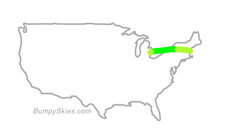 Map of continental US with illustrated flight path and turbulence forecast (described in text below)