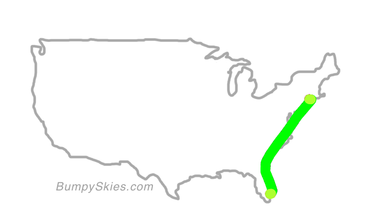 Map of continental US with illustrated flight path and turbulence forecast (described in text below)