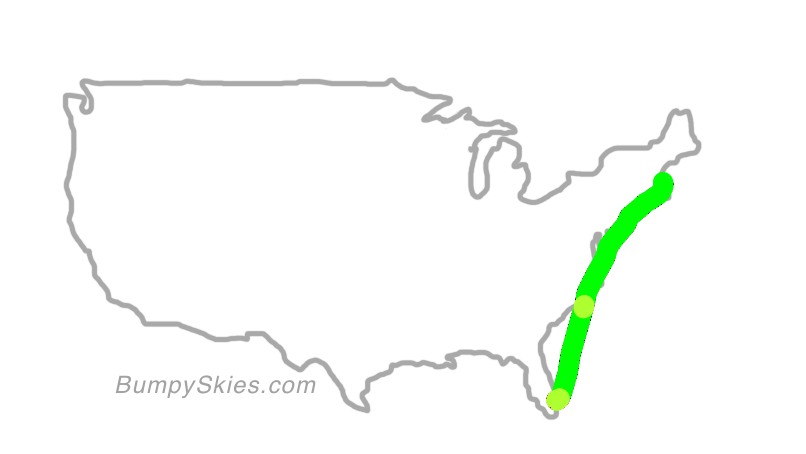 Map of continental US with illustrated flight path and turbulence forecast (described in text below)