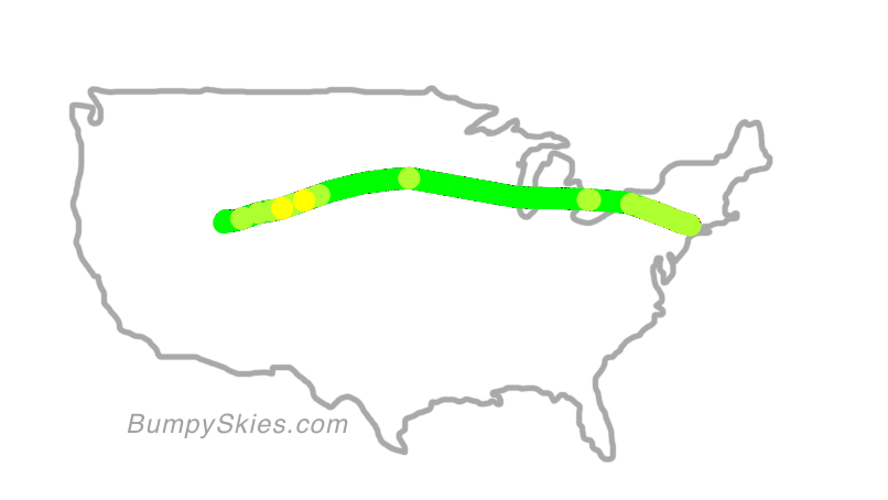 Map of continental US with illustrated flight path and turbulence forecast (described in text below)