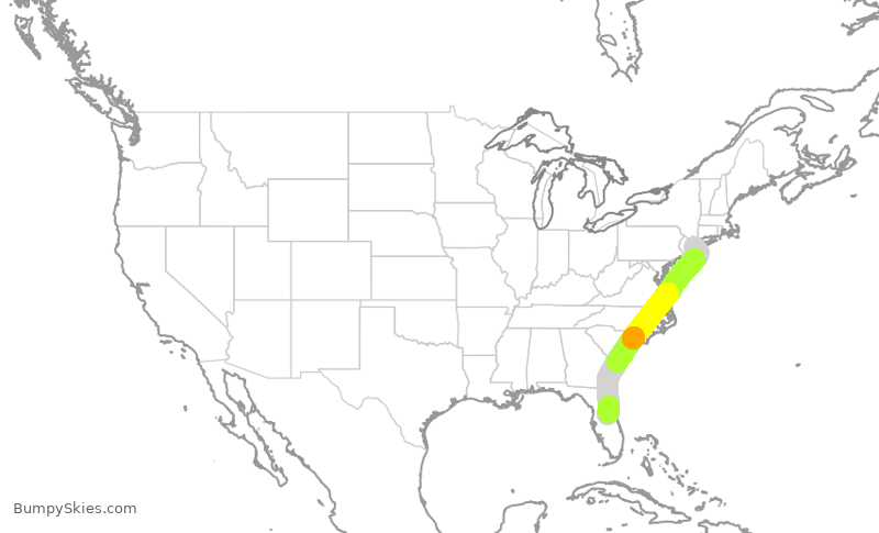 Turbulence forecast map for JBU8383, JFK to MCO