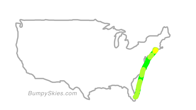 Map of continental US with illustrated flight path and turbulence forecast (described in text below)