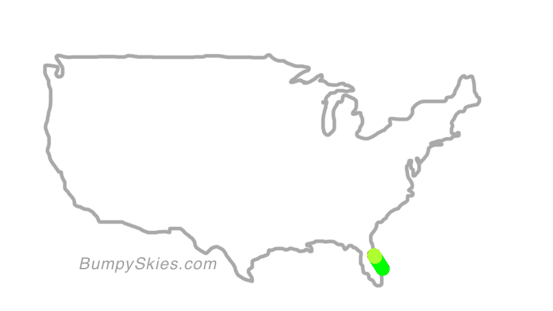Map of continental US with illustrated flight path and turbulence forecast (described in text below)
