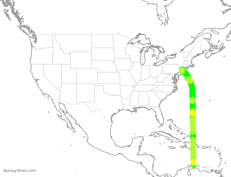 Turbulence forecast map for JBU8538, AUA to JFK