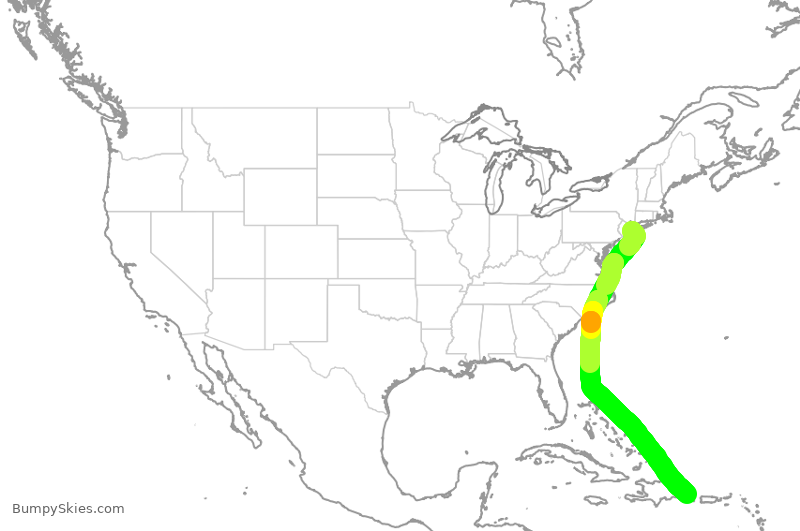 Turbulence forecast map for JBU8569, JFK to PUJ