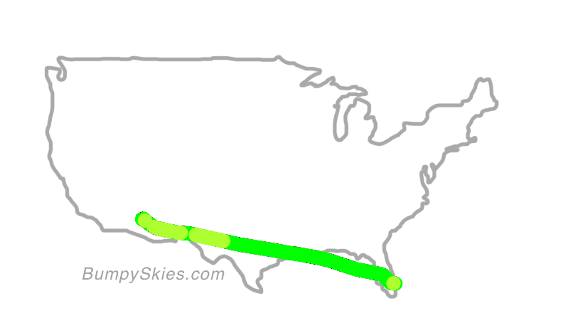 Map of continental US with illustrated flight path and turbulence forecast (described in text below)