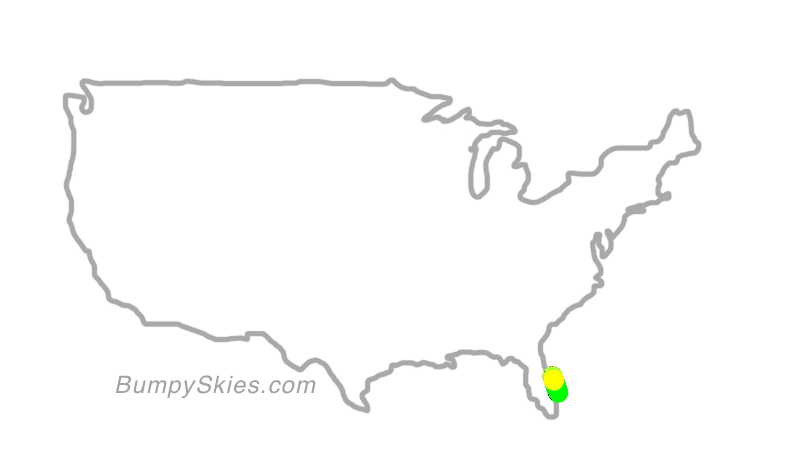 Map of continental US with illustrated flight path and turbulence forecast (described in text below)
