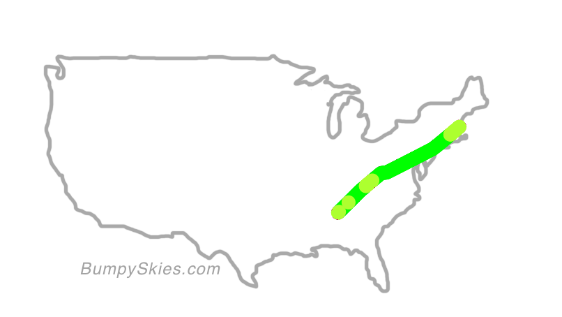 Map of continental US with illustrated flight path and turbulence forecast (described in text below)
