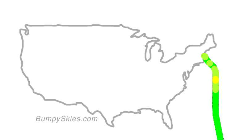 Map of continental US with illustrated flight path and turbulence forecast (described in text below)