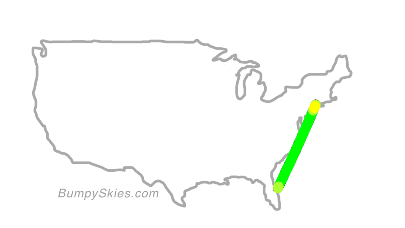 Map of continental US with illustrated flight path and turbulence forecast (described in text below)