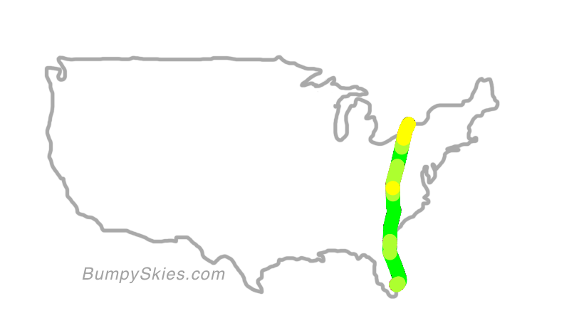 Map of continental US with illustrated flight path and turbulence forecast (described in text below)