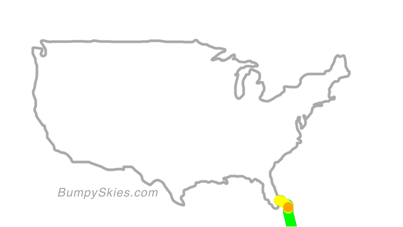 Map of continental US with illustrated flight path and turbulence forecast (described in text below)