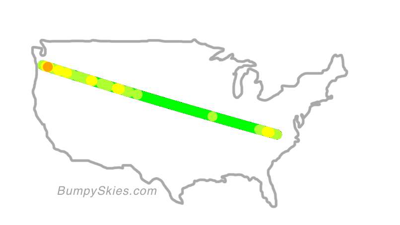 Map of continental US with illustrated flight path and turbulence forecast (described in text below)