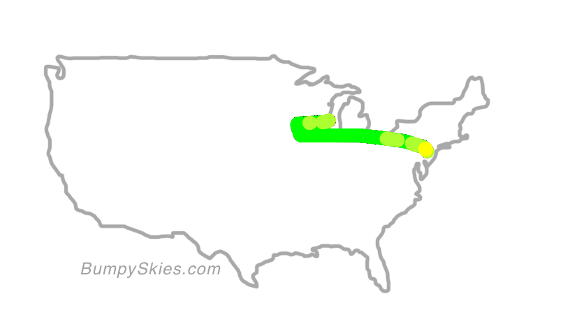 Map of continental US with illustrated flight path and turbulence forecast (described in text below)