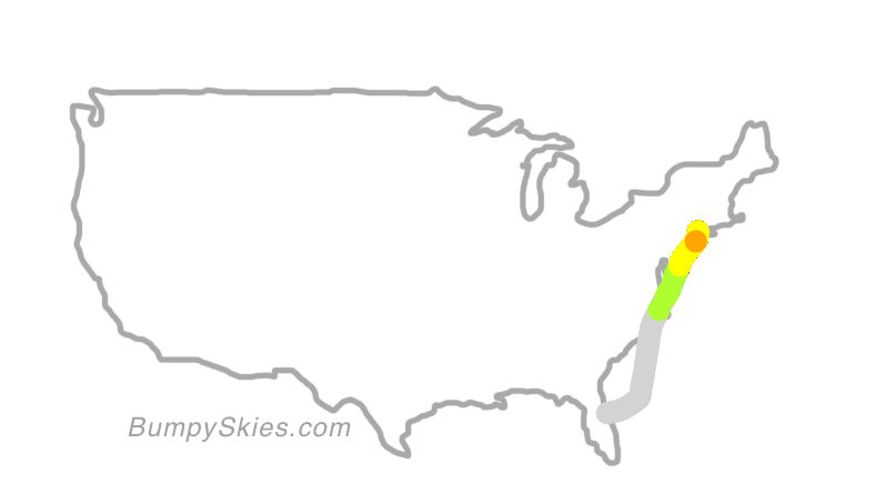 Map of continental US with illustrated flight path and turbulence forecast (described in text below)