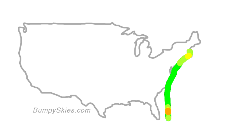 Map of continental US with illustrated flight path and turbulence forecast (described in text below)