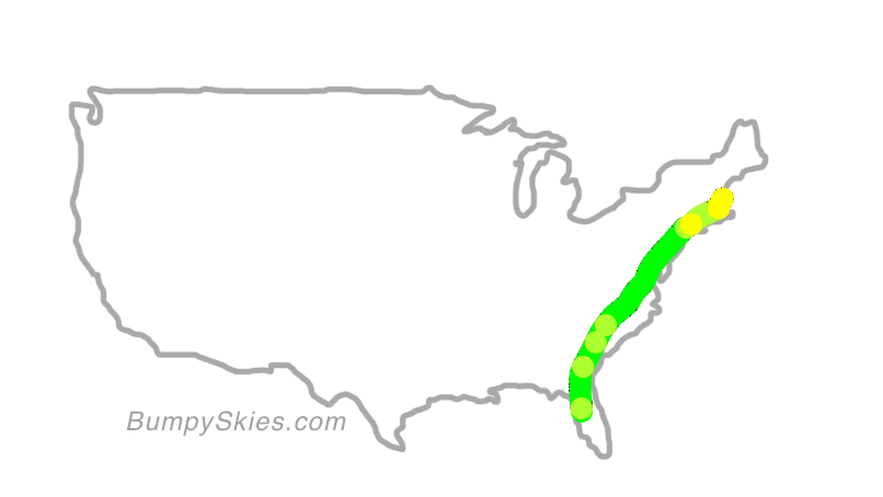 Map of continental US with illustrated flight path and turbulence forecast (described in text below)