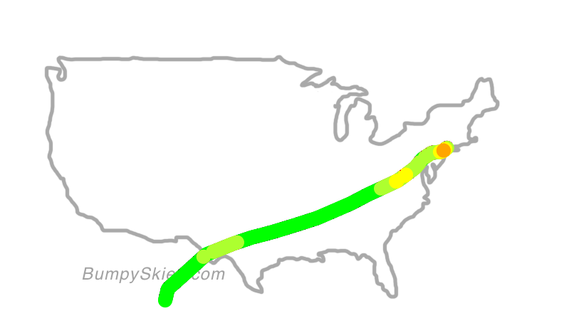 Map of continental US with illustrated flight path and turbulence forecast (described in text below)