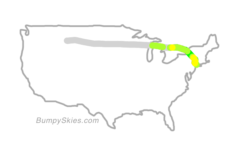 Map of continental US with illustrated flight path and turbulence forecast (described in text below)