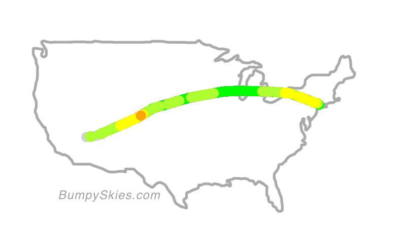 Map of continental US with illustrated flight path and turbulence forecast (described in text below)