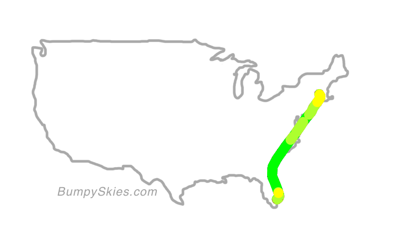 Map of continental US with illustrated flight path and turbulence forecast (described in text below)