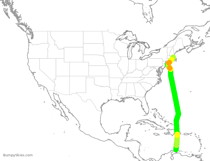Turbulence forecast map for JBU974, AUA to BOS