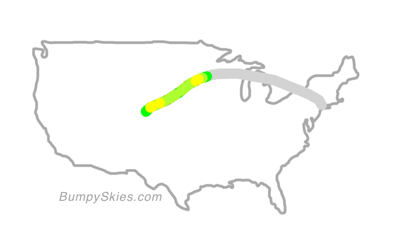 Map of continental US with illustrated flight path and turbulence forecast (described in text below)