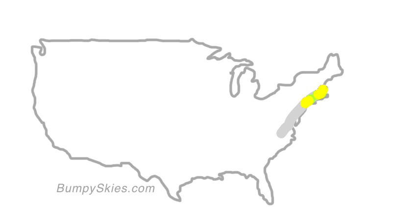 Map of continental US with illustrated flight path and turbulence forecast (described in text below)