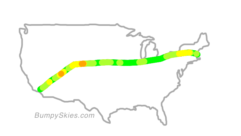 Map of continental US with illustrated flight path and turbulence forecast (described in text below)
