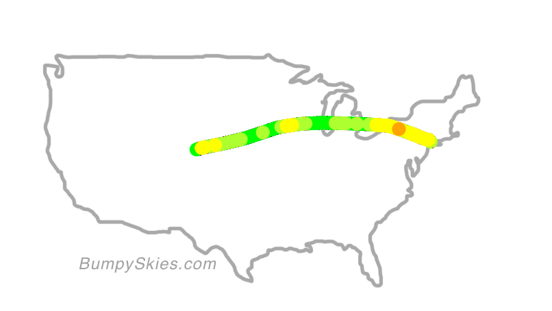 Map of continental US with illustrated flight path and turbulence forecast (described in text below)