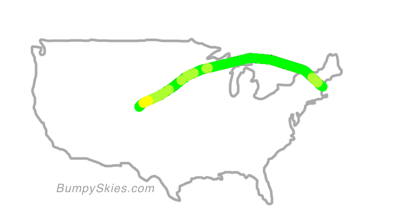 Map of continental US with illustrated flight path and turbulence forecast (described in text below)