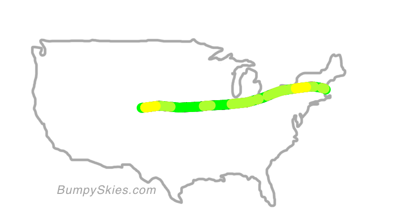 Map of continental US with illustrated flight path and turbulence forecast (described in text below)