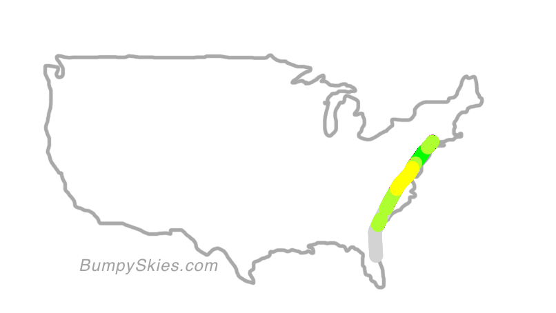 Map of continental US with illustrated flight path and turbulence forecast (described in text below)