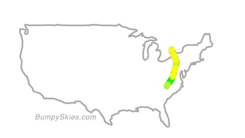 Map of continental US with illustrated flight path and turbulence forecast (described in text below)
