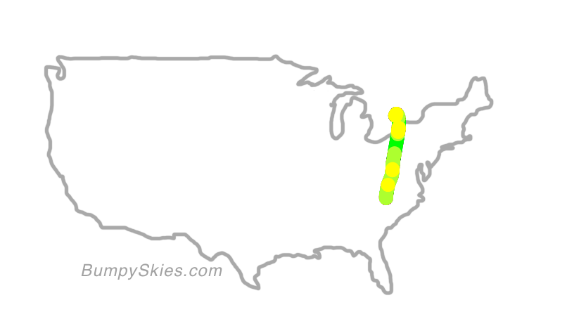 Map of continental US with illustrated flight path and turbulence forecast (described in text below)