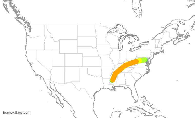 Turbulence forecast map for JIA5025, DCA to JAN