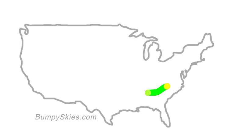 Map of continental US with illustrated flight path and turbulence forecast (described in text below)
