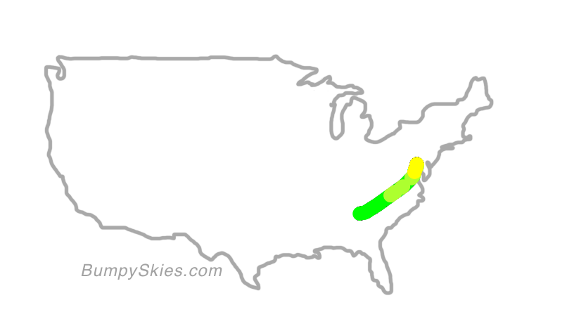 Map of continental US with illustrated flight path and turbulence forecast (described in text below)