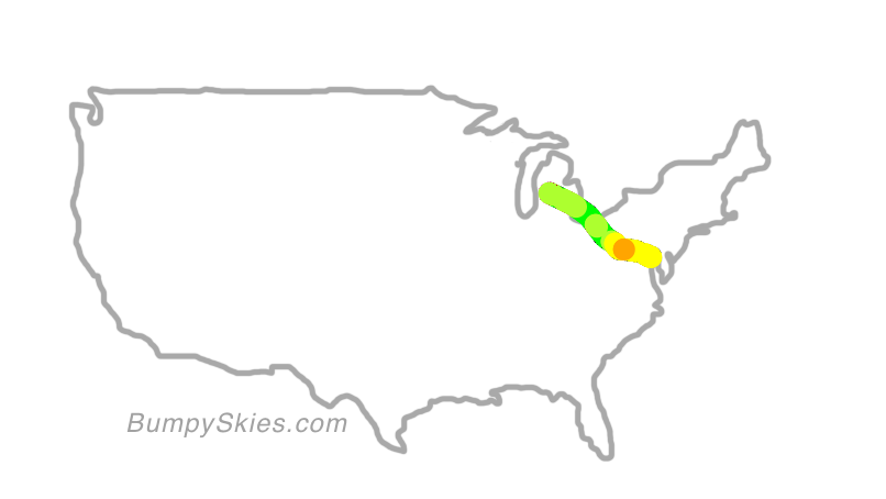 Map of continental US with illustrated flight path and turbulence forecast (described in text below)