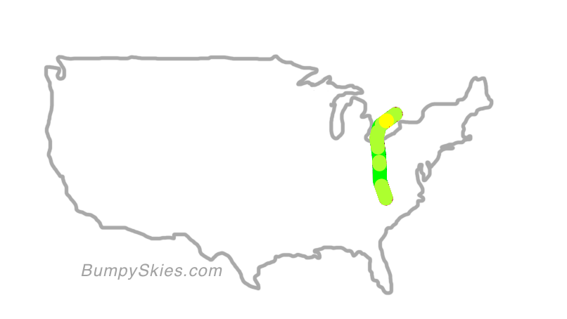 Map of continental US with illustrated flight path and turbulence forecast (described in text below)