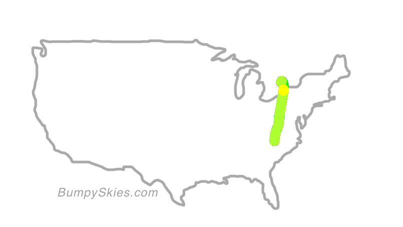 Map of continental US with illustrated flight path and turbulence forecast (described in text below)