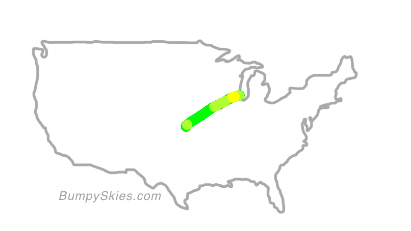 Map of continental US with illustrated flight path and turbulence forecast (described in text below)